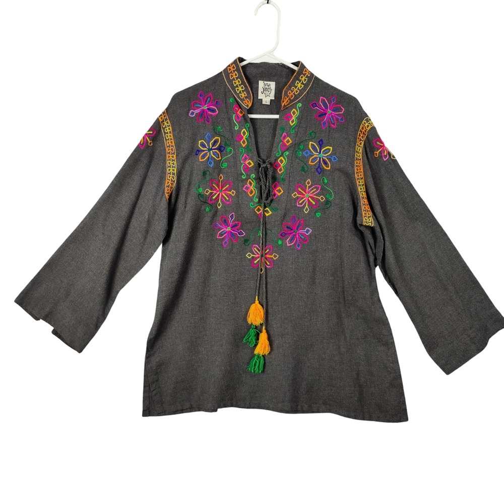 Ivy Jane Women Large Gray Boho Embroidered‎ Hippie Coachella Tassel Tunic Top
